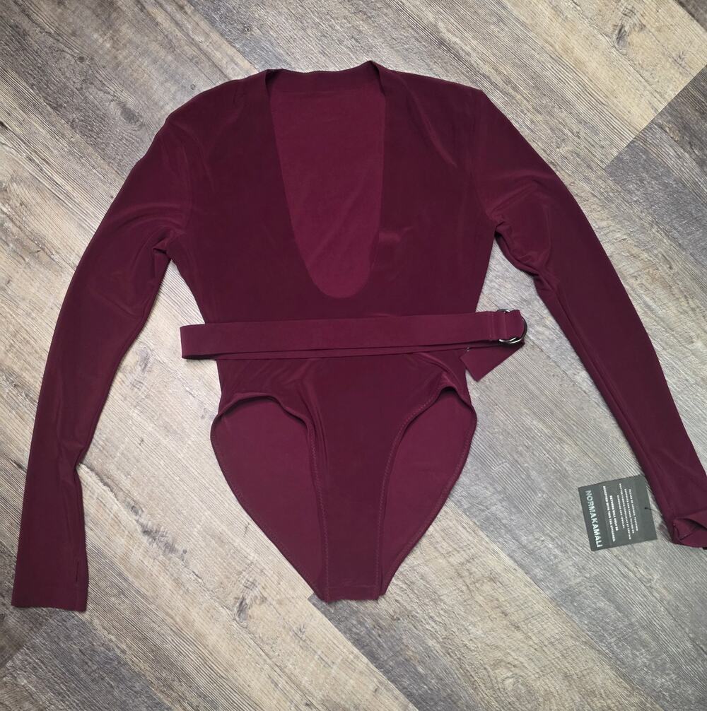 Norma Kamali Long Sleeve Deep U Neck Bodysuit Plum Belted Size XS 34 NWT